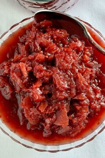 Square shot overhead shot of Easy Beet Relish in a clear glass bowl.