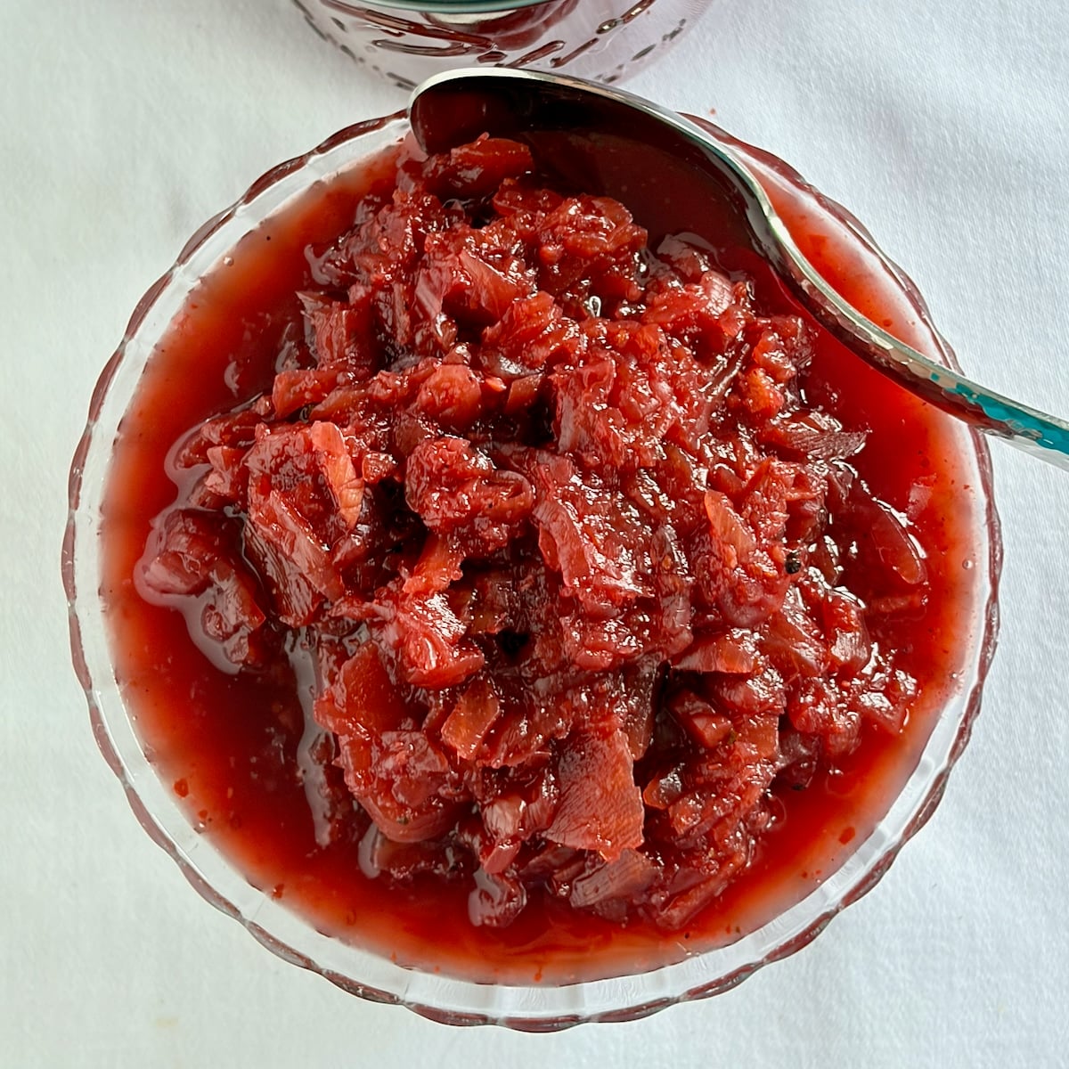 Square shot overhead shot of Easy Beet Relish in a clear glass bowl.