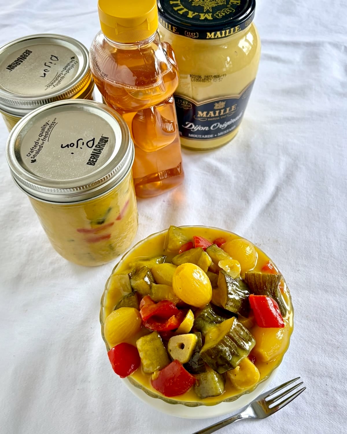 Overhead shot of Honey Dijon Mustard Pickles.