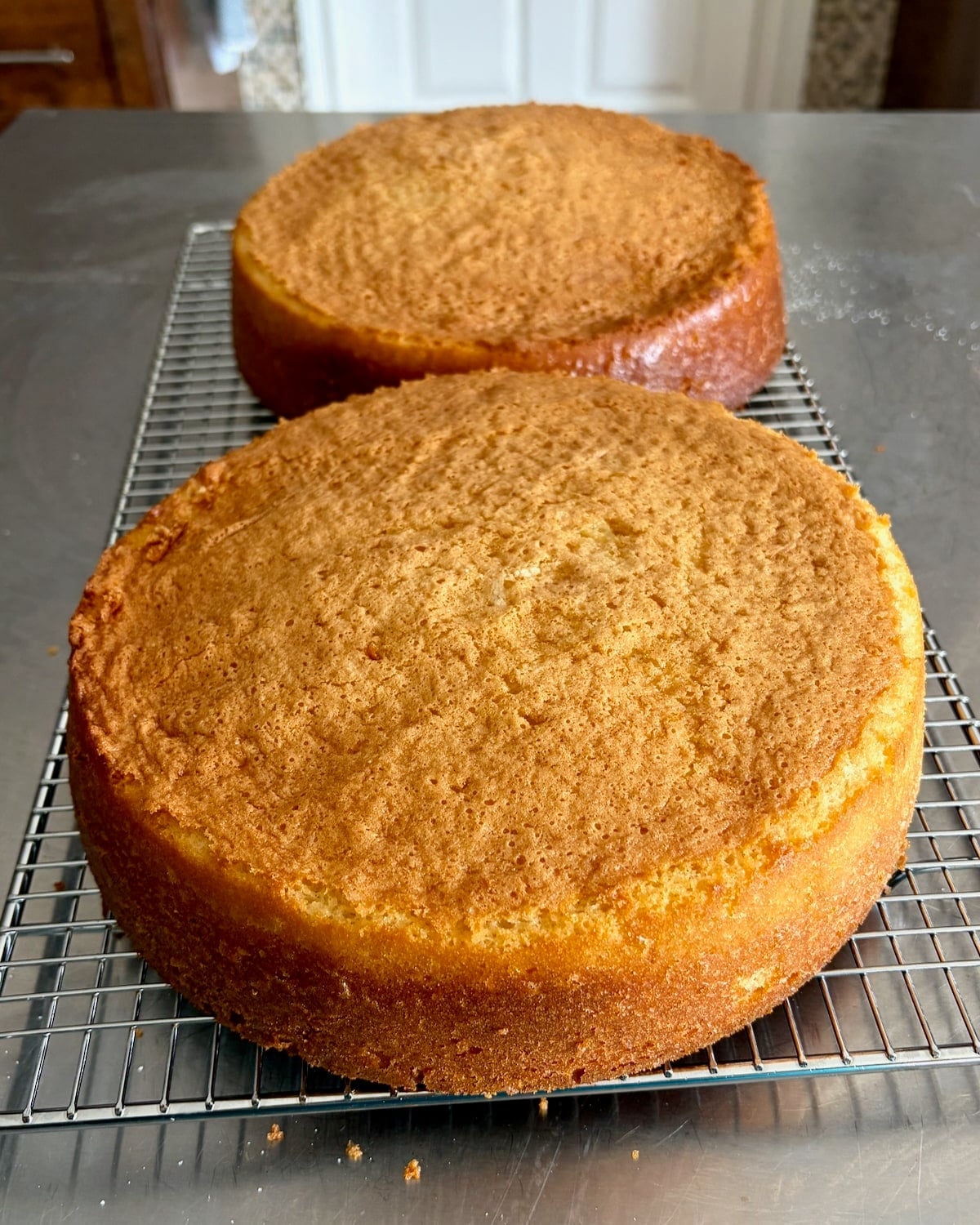 Photo of baked cakes cooling on a wire rack.