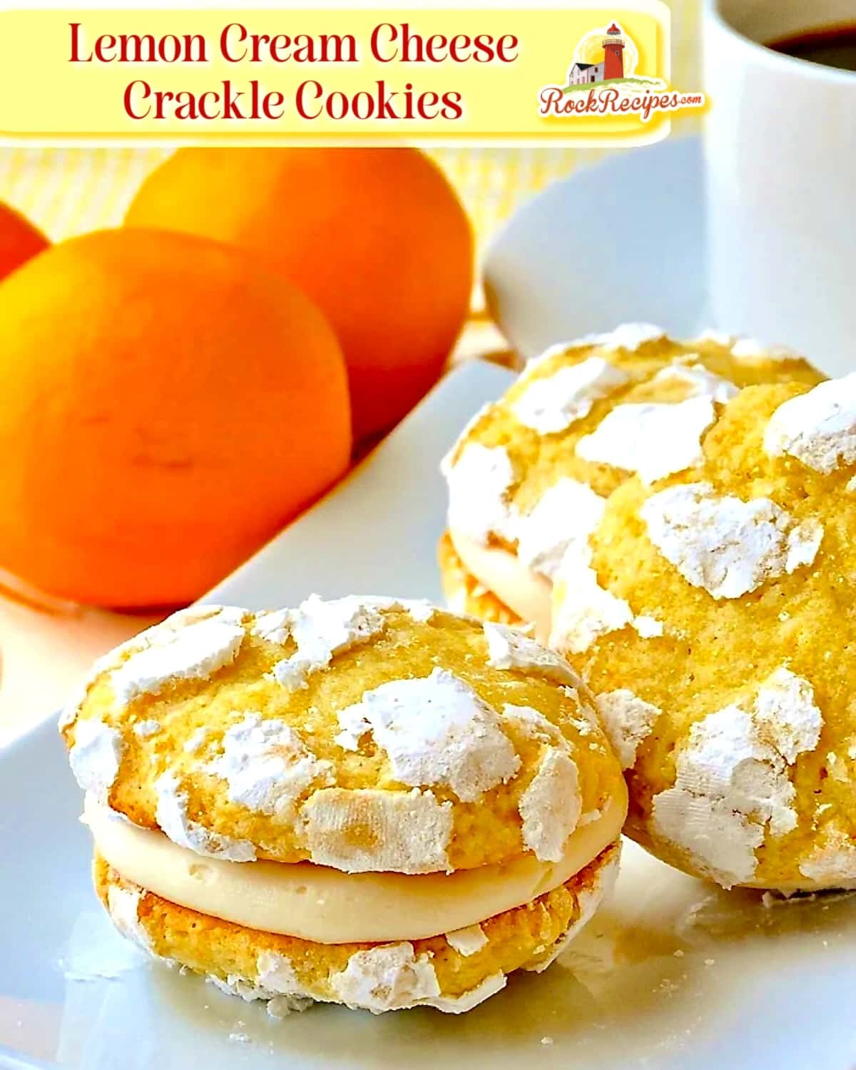 Lemon Cream Cheese Crackle Cookies photo with title text for Pinterest and social media posts.