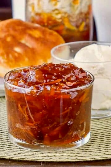 Carrot Cake Jam shown in a clear glass serving dish.