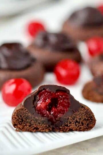 Chocolate Covered Cherry Cookies image of one cookie cut in half