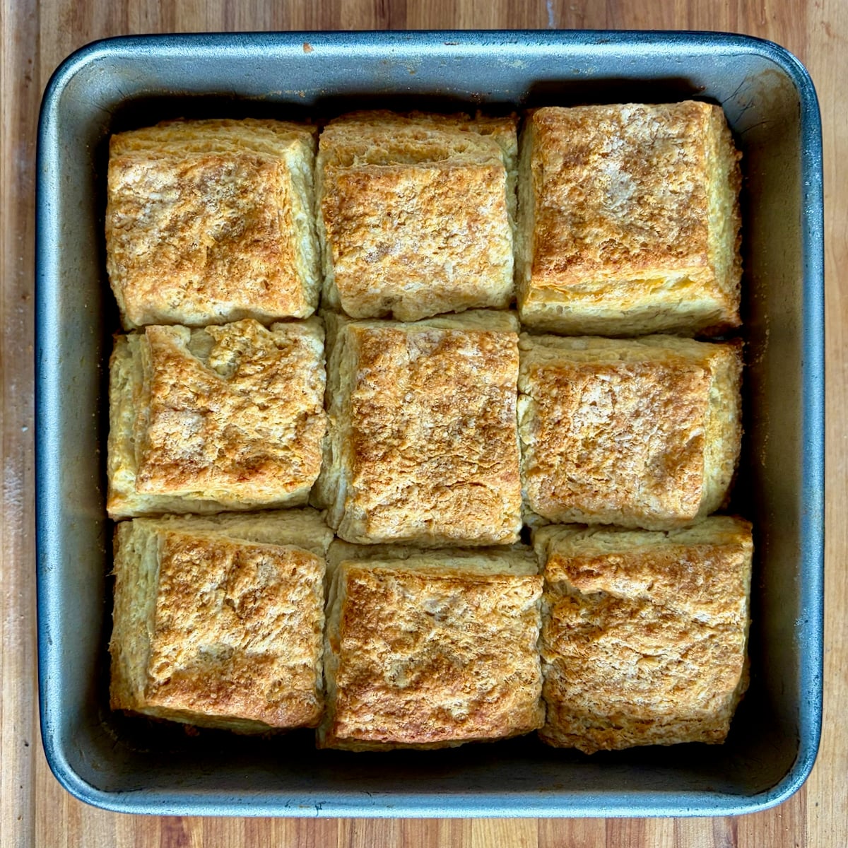Overhead photo of Flaky Sour Cream Biscuits completed baking.