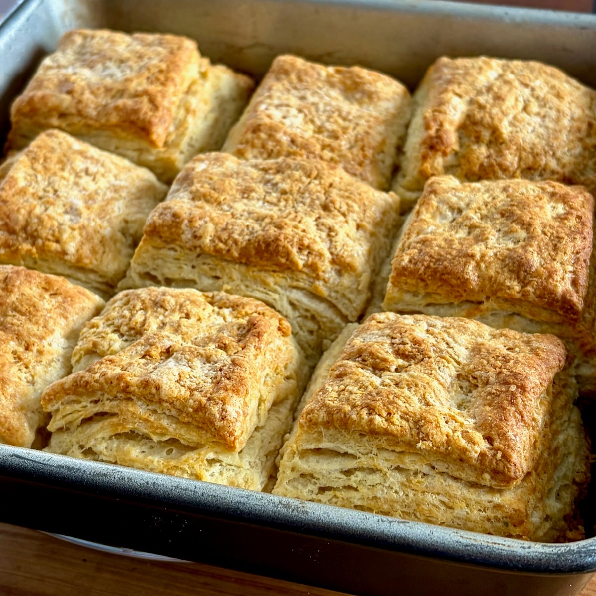 Flaky Sour Cream Biscuits photo of baked biscuits in a 9x9 pan.