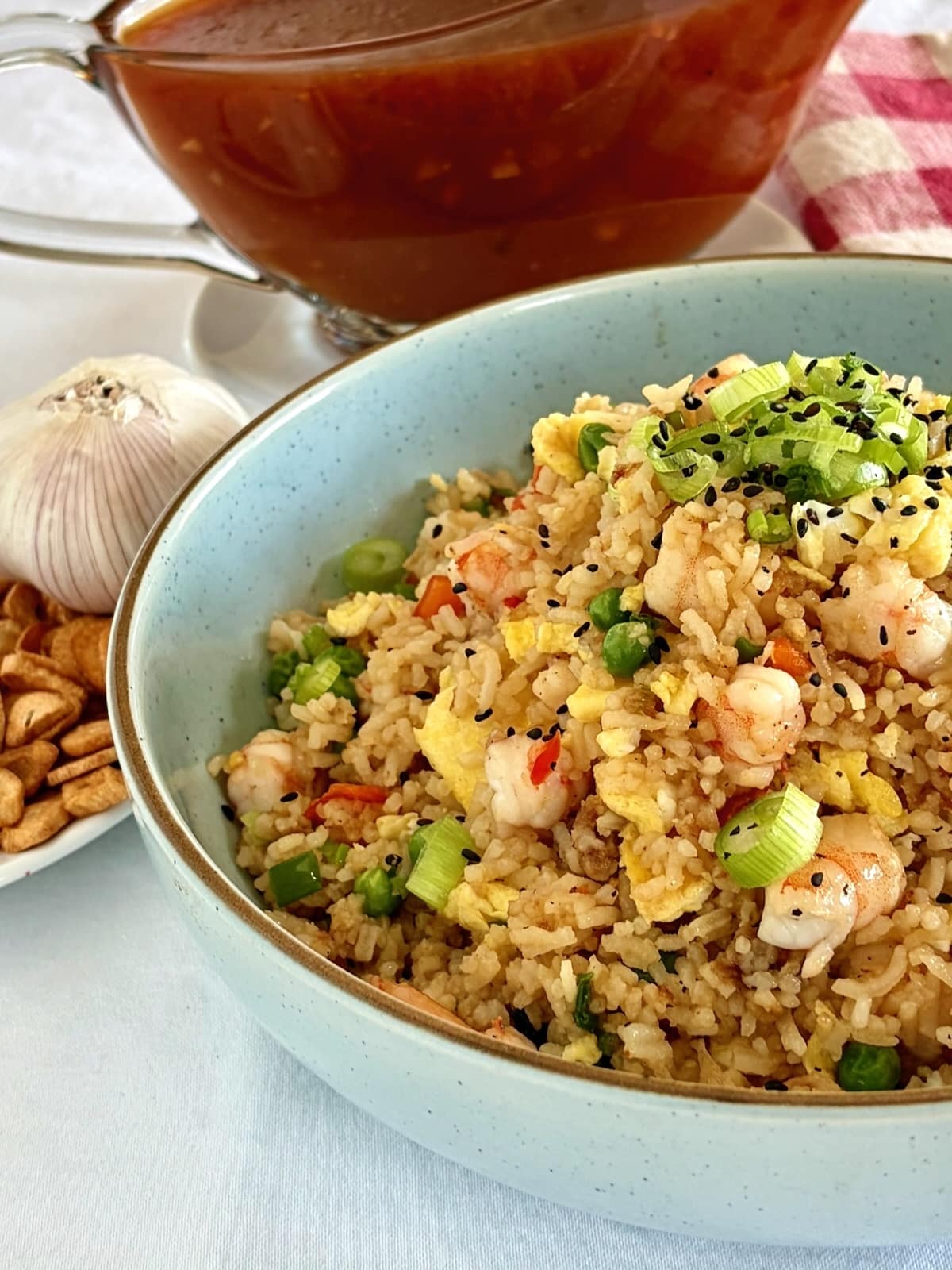 Close up photo of Shrimp fried rice.