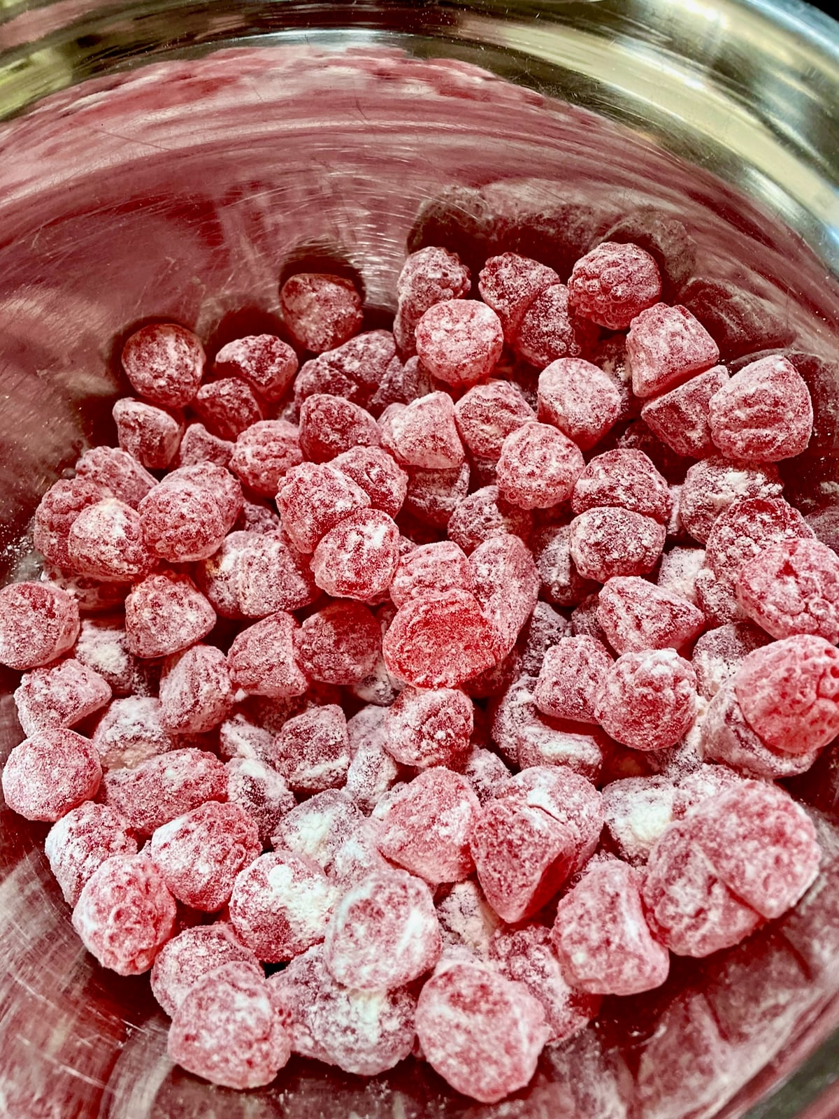 Photo of flour added to coat the candy.
