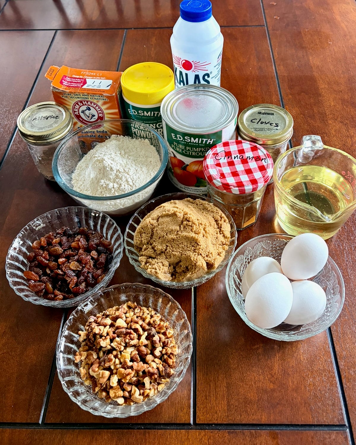 Photo of all the ingredients for Pumpkin Spice Walnut Cake.
