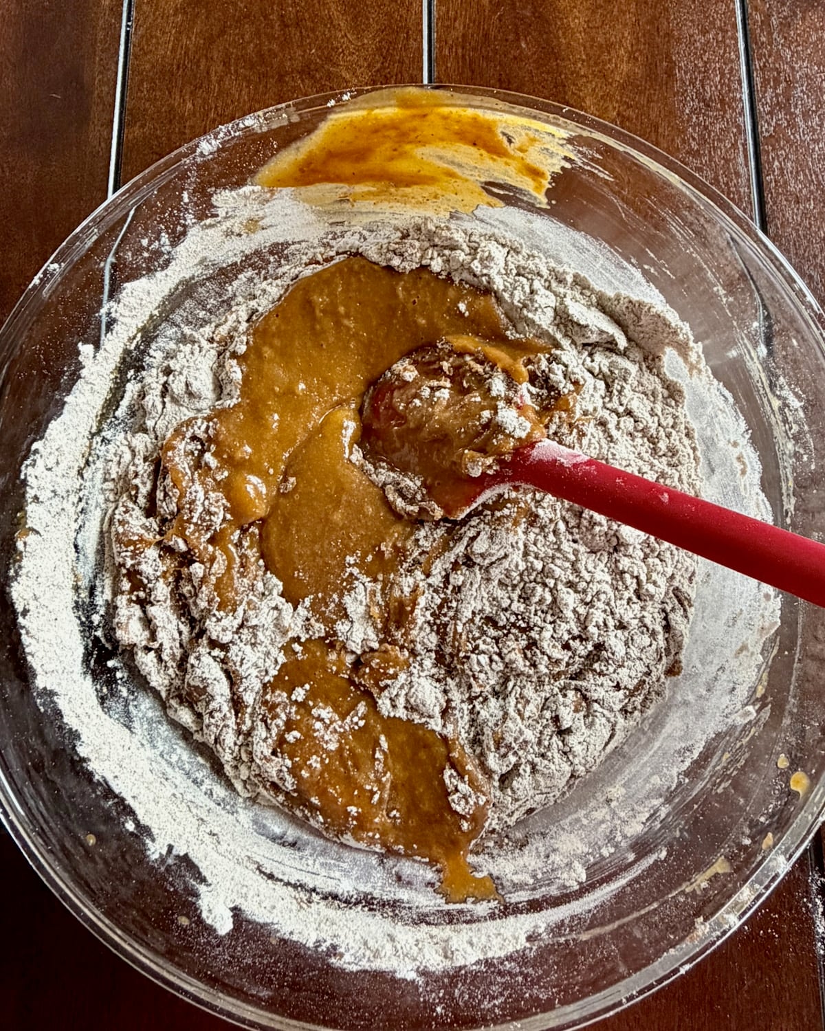 Photo of dry ingredients being folded in.