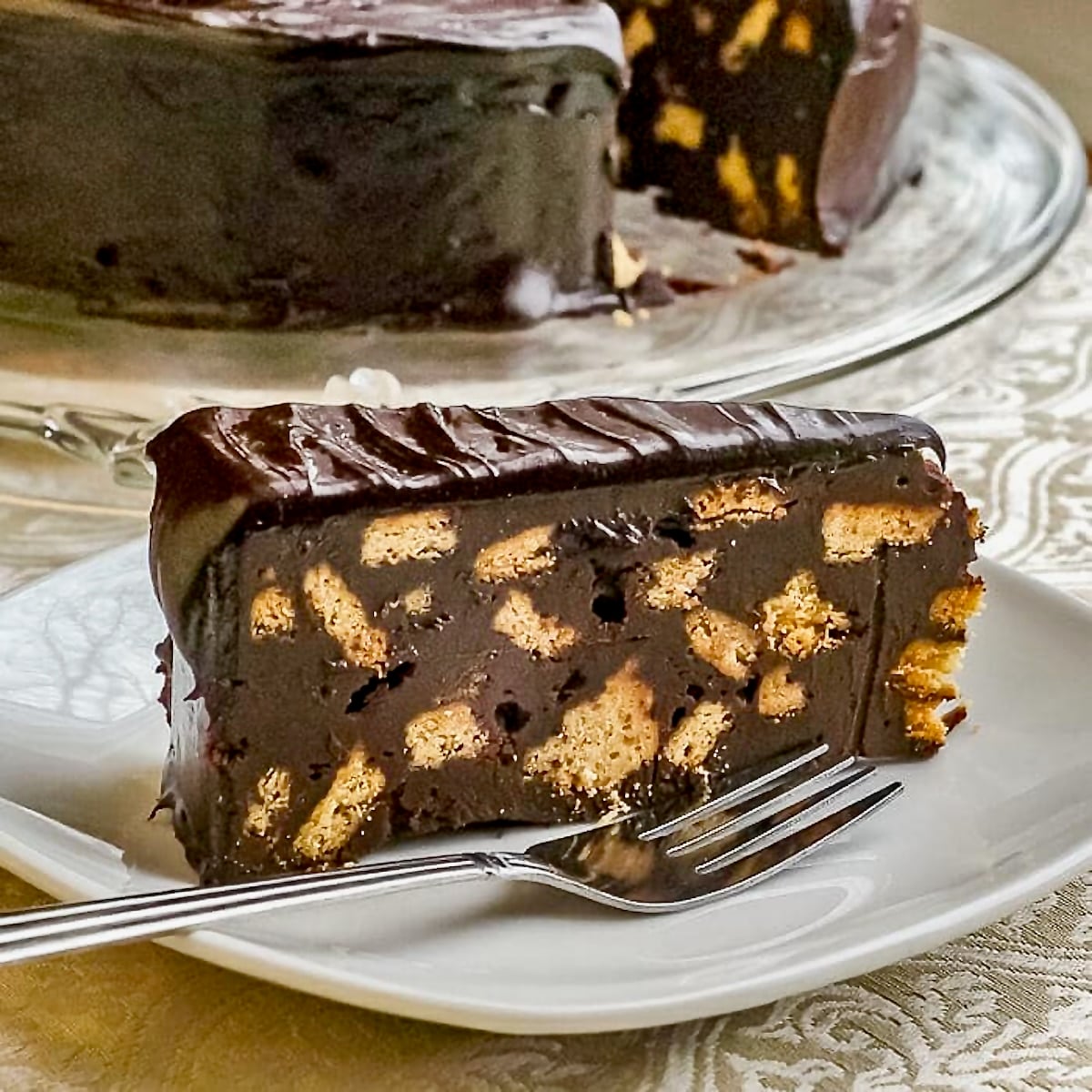 Prince William's Chocolate Biscuit Cake photo of one slice for Google featured image.
