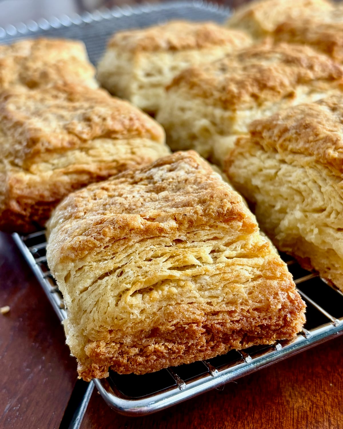 Close up photo of Flaky Sour Cream Biscuits cooling in a wire rack.