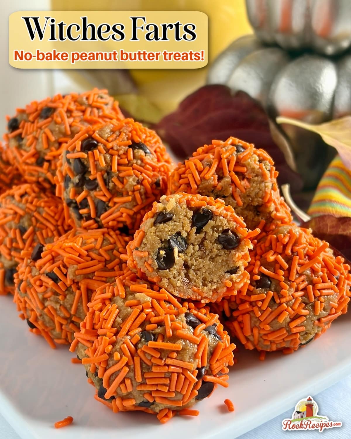 Witches Farts photo of cookies stacked in a platter with title text added for Pinterest and social media posts