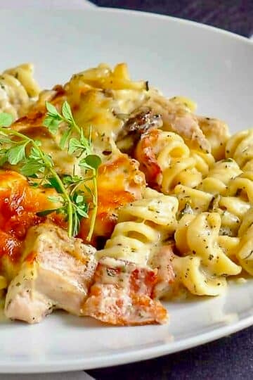 Turkey Parmesan Baked Rotini close up photo for Google featured image.